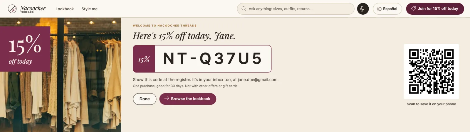 Nacoochee Threads: join the list, get 15% off on screen, in the inbox and on the phone.