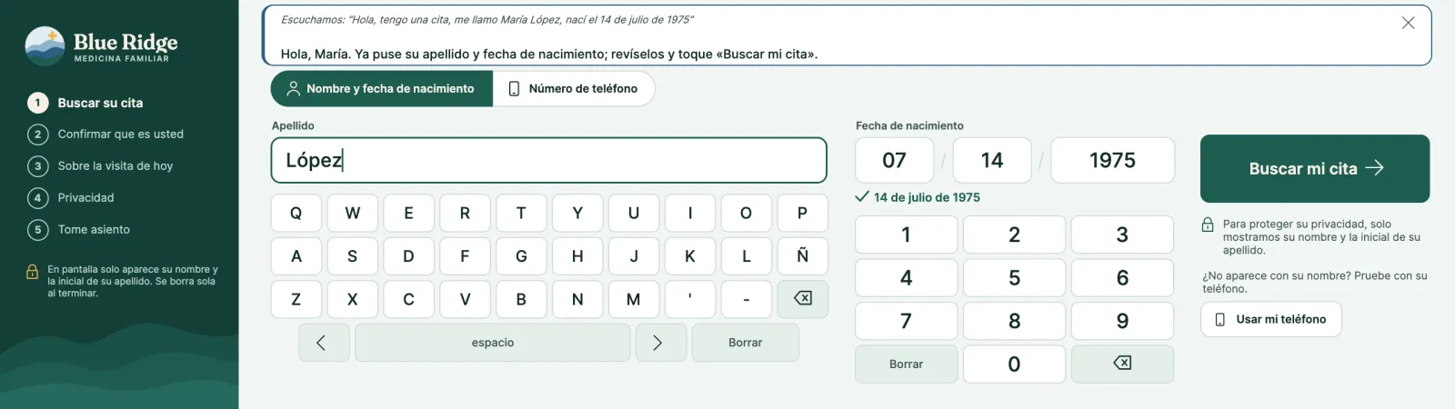 Blue Ridge Family Medicine: spoken Spanish switches the kiosk and fills in the search.