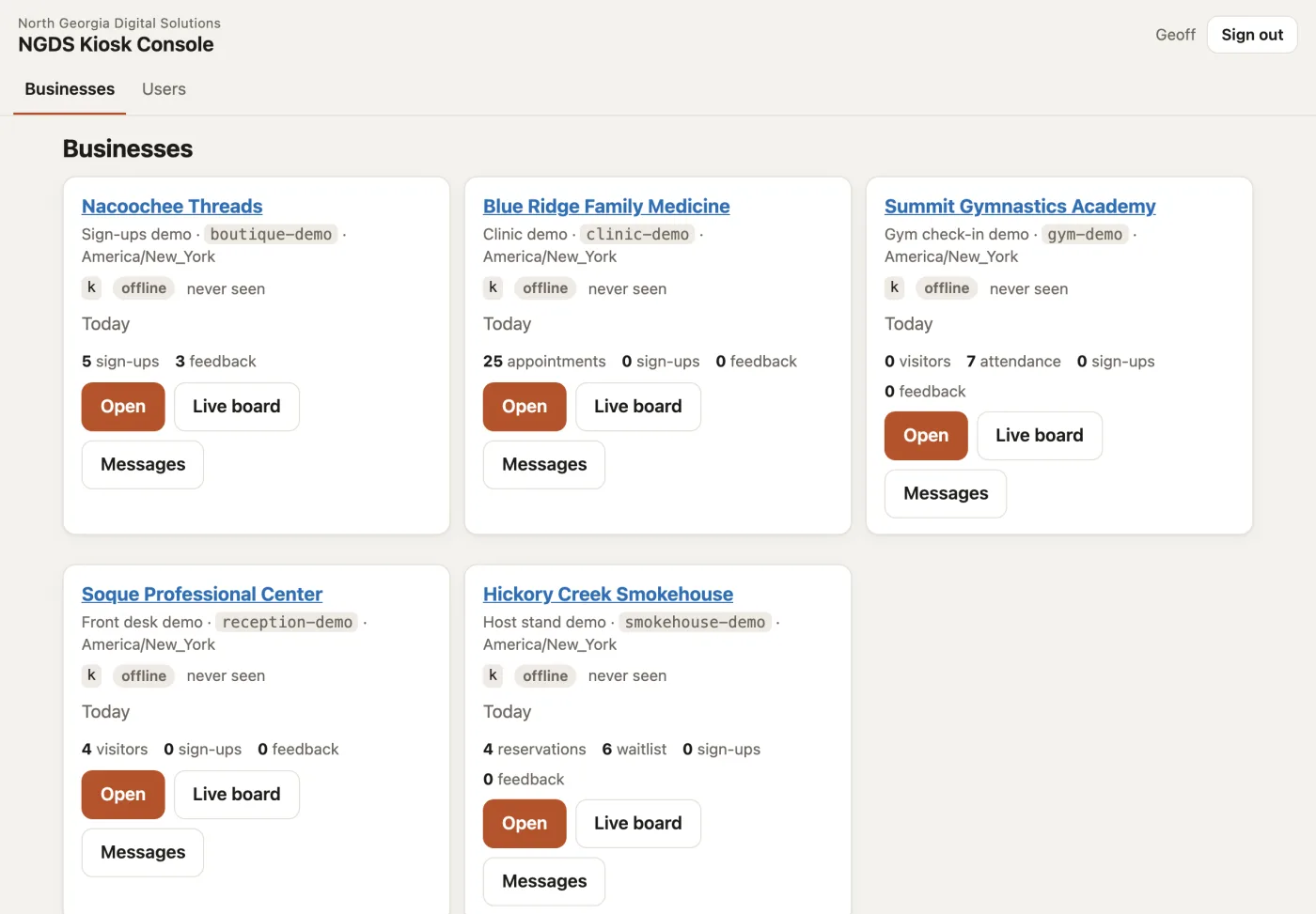 NGDS Kiosk Console showing every business, its kiosks and today's counts