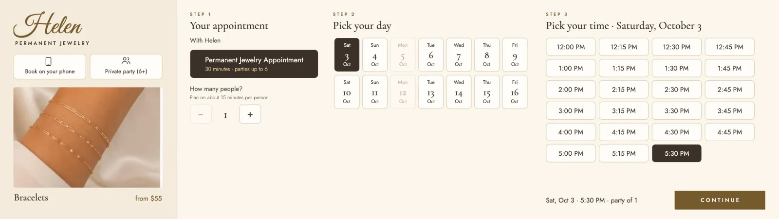 Helen Permanent Jewelry: live appointment booking against the artist's real calendar.