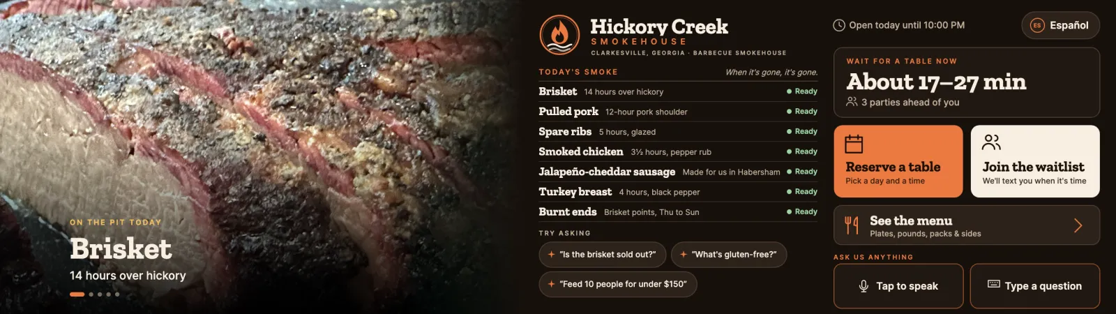 Today's smoke, the live wait estimate, and the items the host marked sold out from a phone