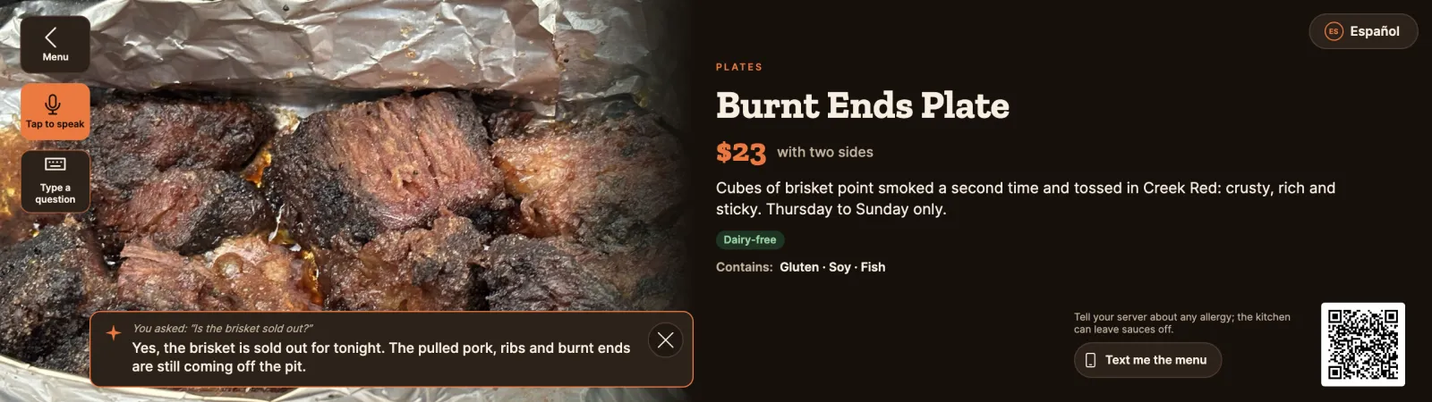 Hickory Creek Smokehouse: "Is the brisket sold out?" answered from what the host marked seconds ago.